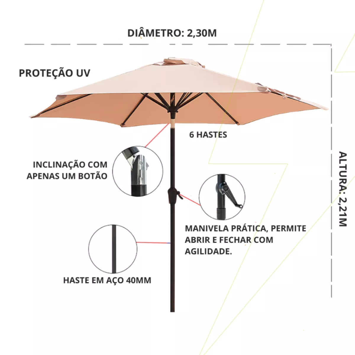 Ombrelone 2,30m Articulado com Proteção UV e Impermeável – Guarda-Sol para Jardim, Piscina e Área Externa Energy Express