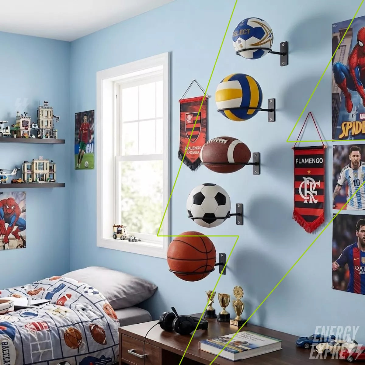 Kit 5 Suportes para Bola de Parede em Aço Reforçado – Futebol, Basquete e Vôlei Energy Express
