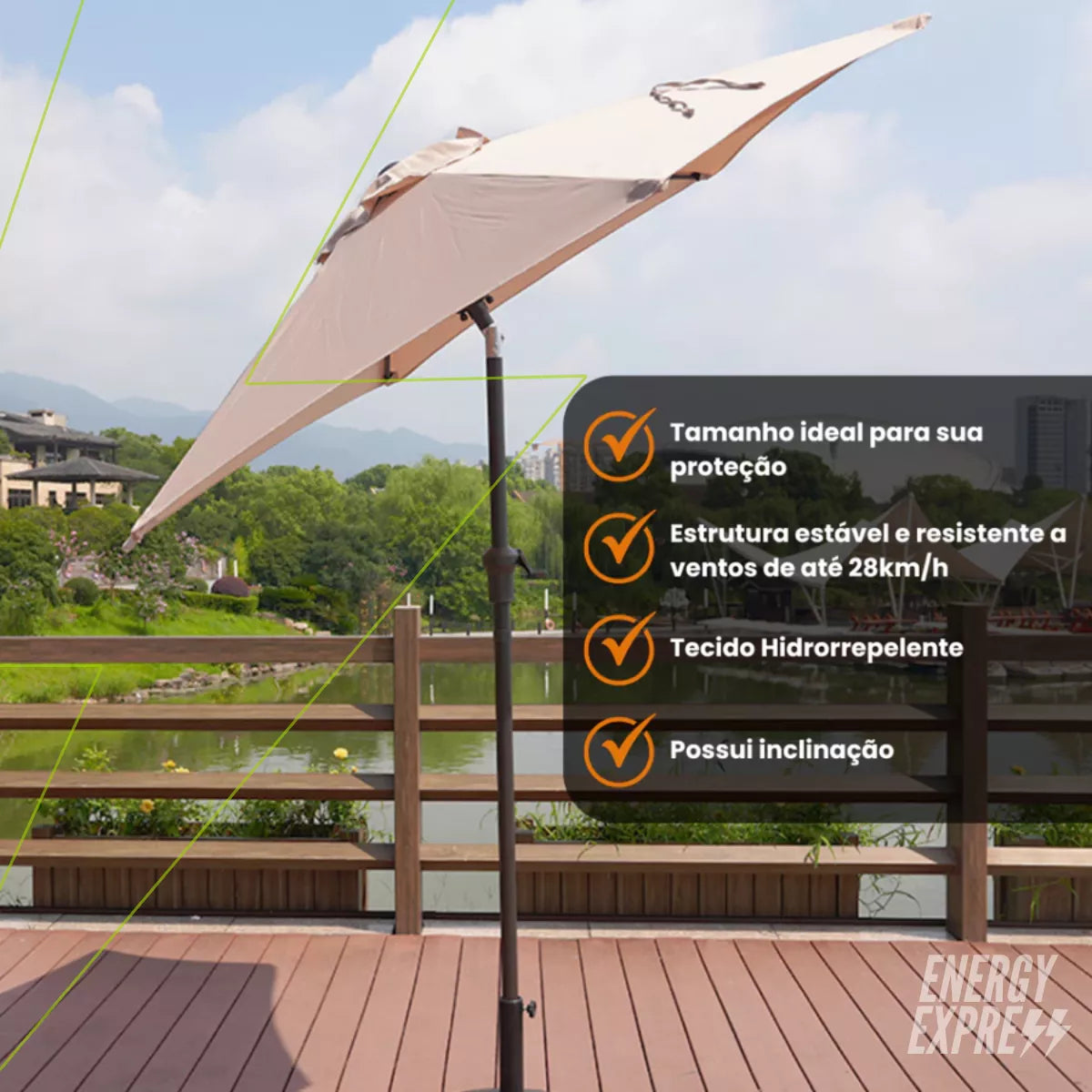 Ombrelone 2,30m Articulado com Proteção UV e Impermeável – Guarda-Sol para Jardim, Piscina e Área Externa Energy Express