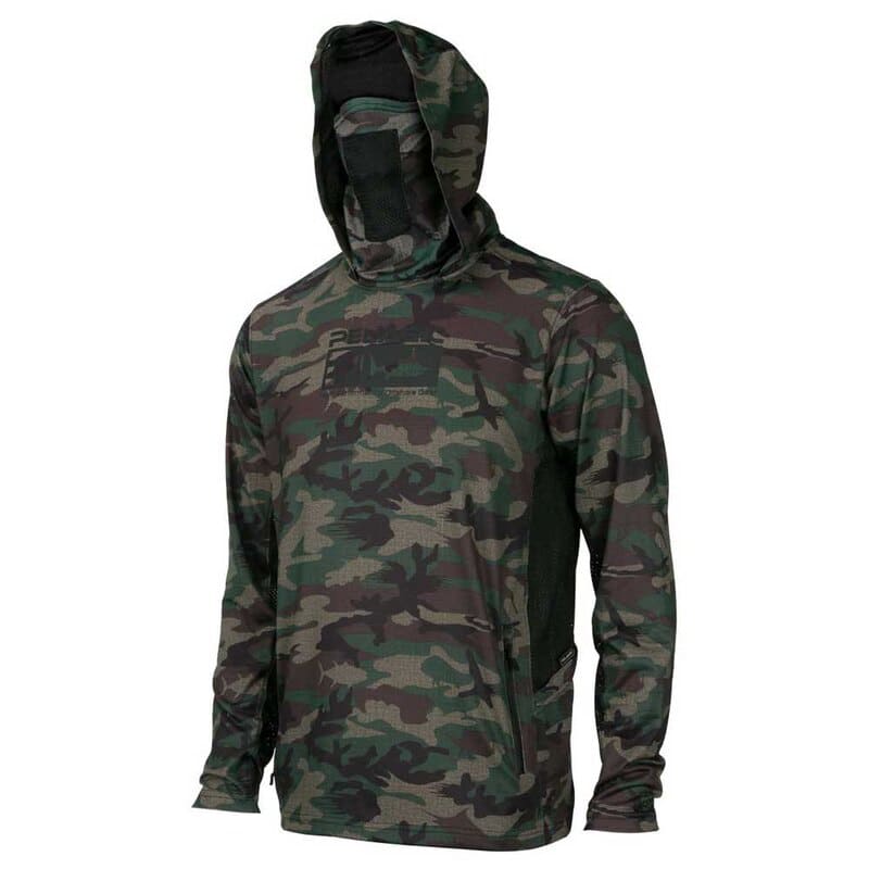 Camisa para Pesca Proteção UV +50 Manga Longa com Capuz e Bandana Facial verde camuflado Energy Express