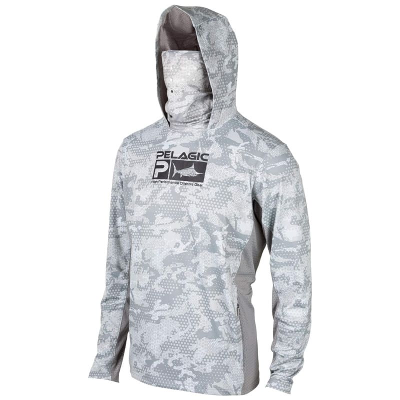 Camisa para Pesca Proteção UV +50 Manga Longa com Capuz e Bandana Facial branco camuflado Energy Express