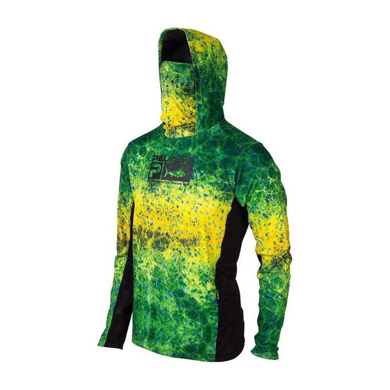 Camisa para Pesca Proteção UV +50 Manga Longa com Capuz e Bandana Facial verde e amarela Energy Express
