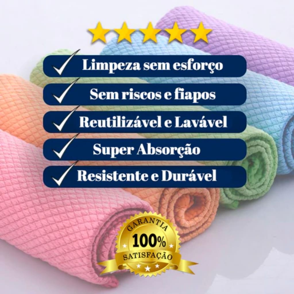 Kit 10 Panos de Microfibra para Limpeza - Limpa Vidro e Espelho com Fa