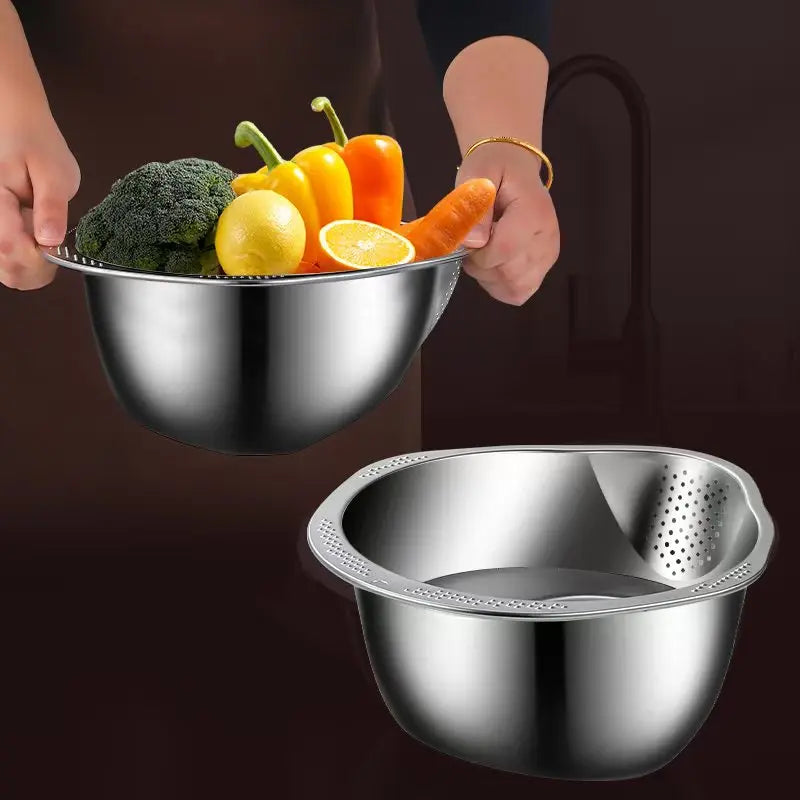 Tigela Escorredora Inox 2 em 1 para Lavar Arroz, Frutas e Verduras - Aço Inoxidável 304 Energy Express