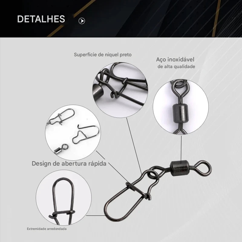 Conectores de Pesca com Giro Inoxidável – Kit com 50 Ganchos Rápidos para Iscas e Anzóis ENERGY EXPRESS
