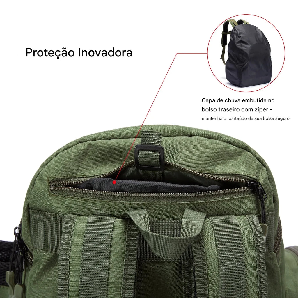 Mochila de Pesca Tática Impermeável - Suporte para Vara, Compartimentos e Capa de Chuva Energy eXpress