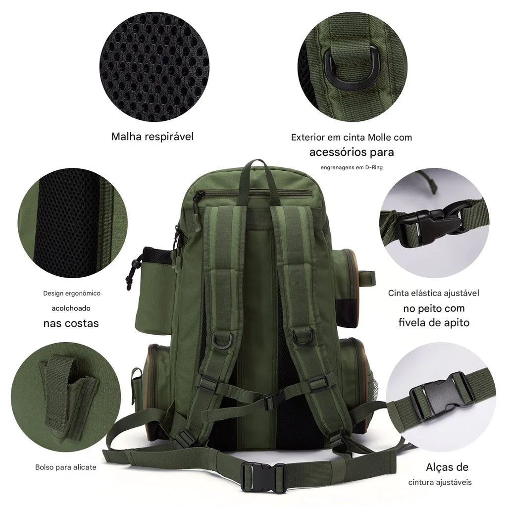 Mochila de Pesca Tática Impermeável - Suporte para Vara, Compartimentos e Capa de Chuva Energy eXpress