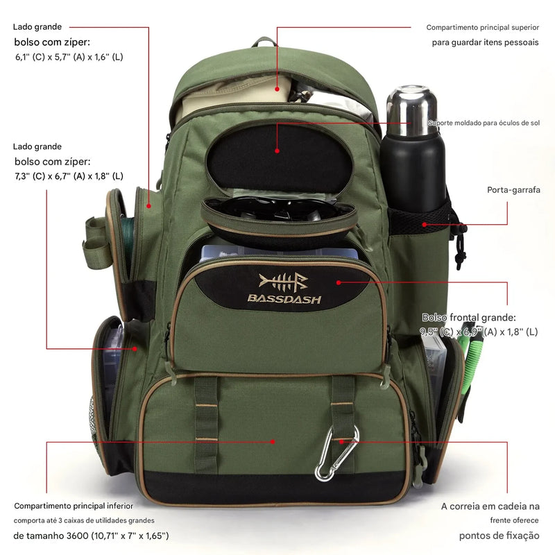 Mochila de Pesca Tática Impermeável - Suporte para Vara, Compartimentos e Capa de Chuva Energy eXpress