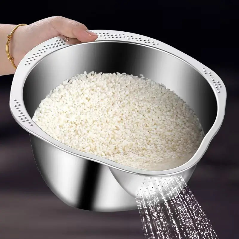 Tigela Escorredora Inox 2 em 1 para Lavar Arroz, Frutas e Verduras - Aço Inoxidável 304 Energy Express