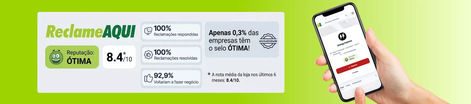 Reclame aqui da loja energy express com reputação Ótima e nota 8,4 de 10