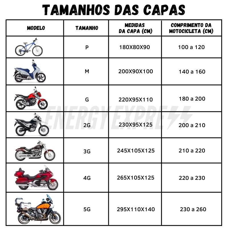 Capa para Motocicleta Impermeável com Trava - Cobrir Moto tamanho das capas